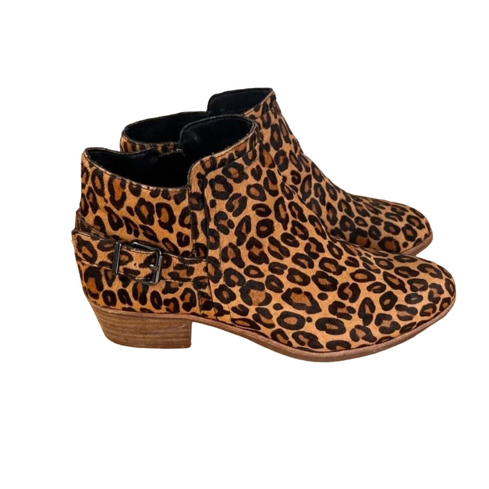 Gianni Bini Bootie Womens 8 Brown Torloni Calf Hair Leopard Stacked Heel Buckle